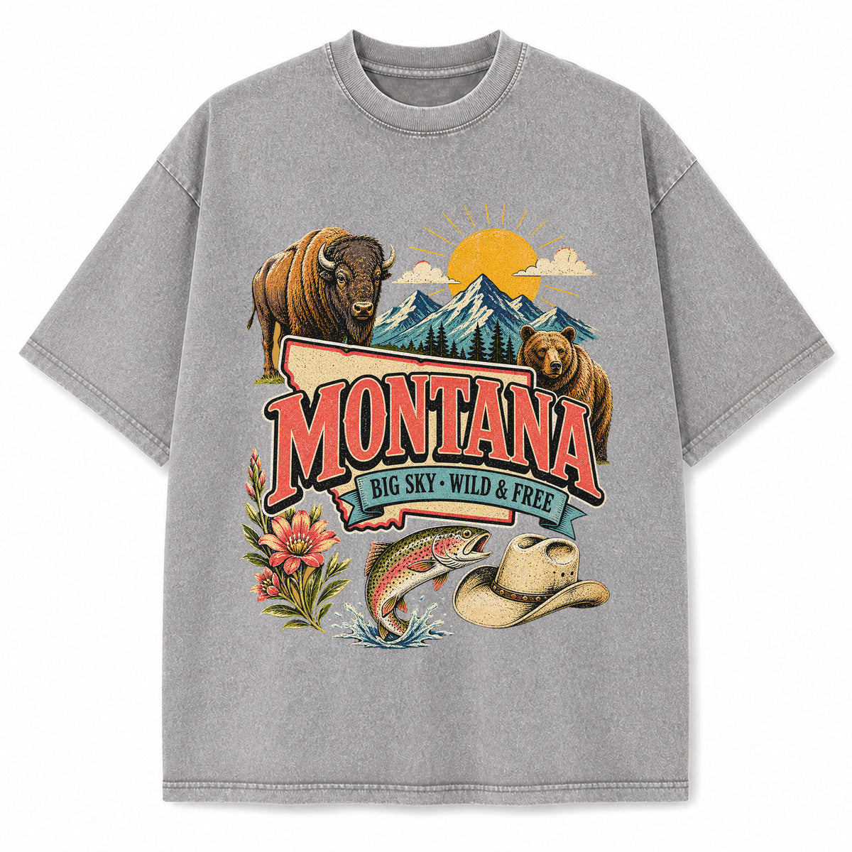 Colorful Montana State Collage Washed Vintage T-Shirt in Light Gray, front view on a white background