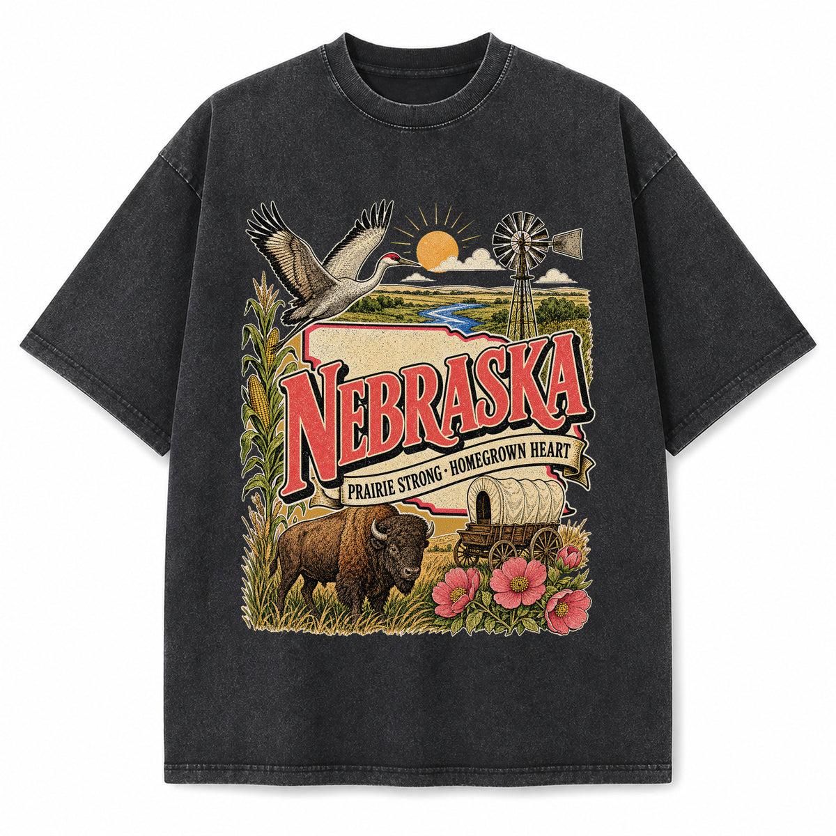 Colorful Nebraska State Collage Washed Vintage T-Shirt in Black, front view on a white background