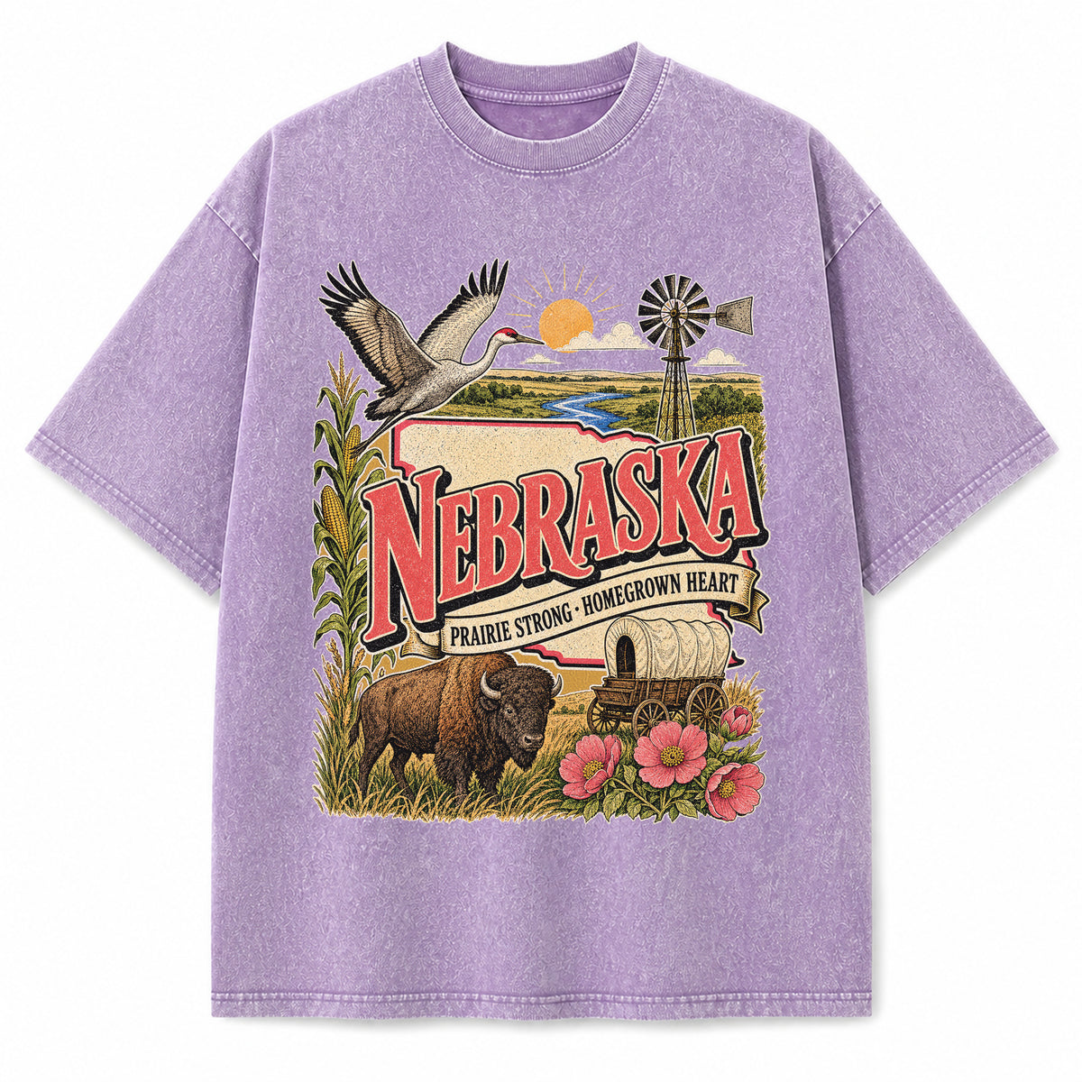 Colorful Nebraska State Collage Washed Vintage T-Shirt in Purple, front view on a white background