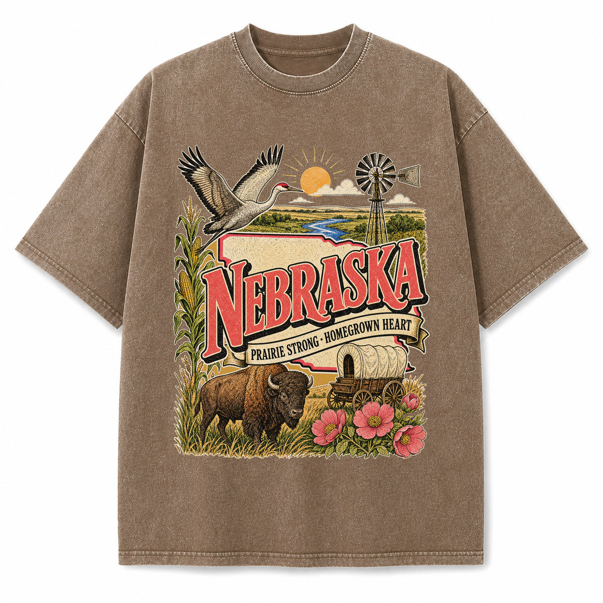 Colorful Nebraska State Collage Washed Vintage T-Shirt in Brown, front view on a white background