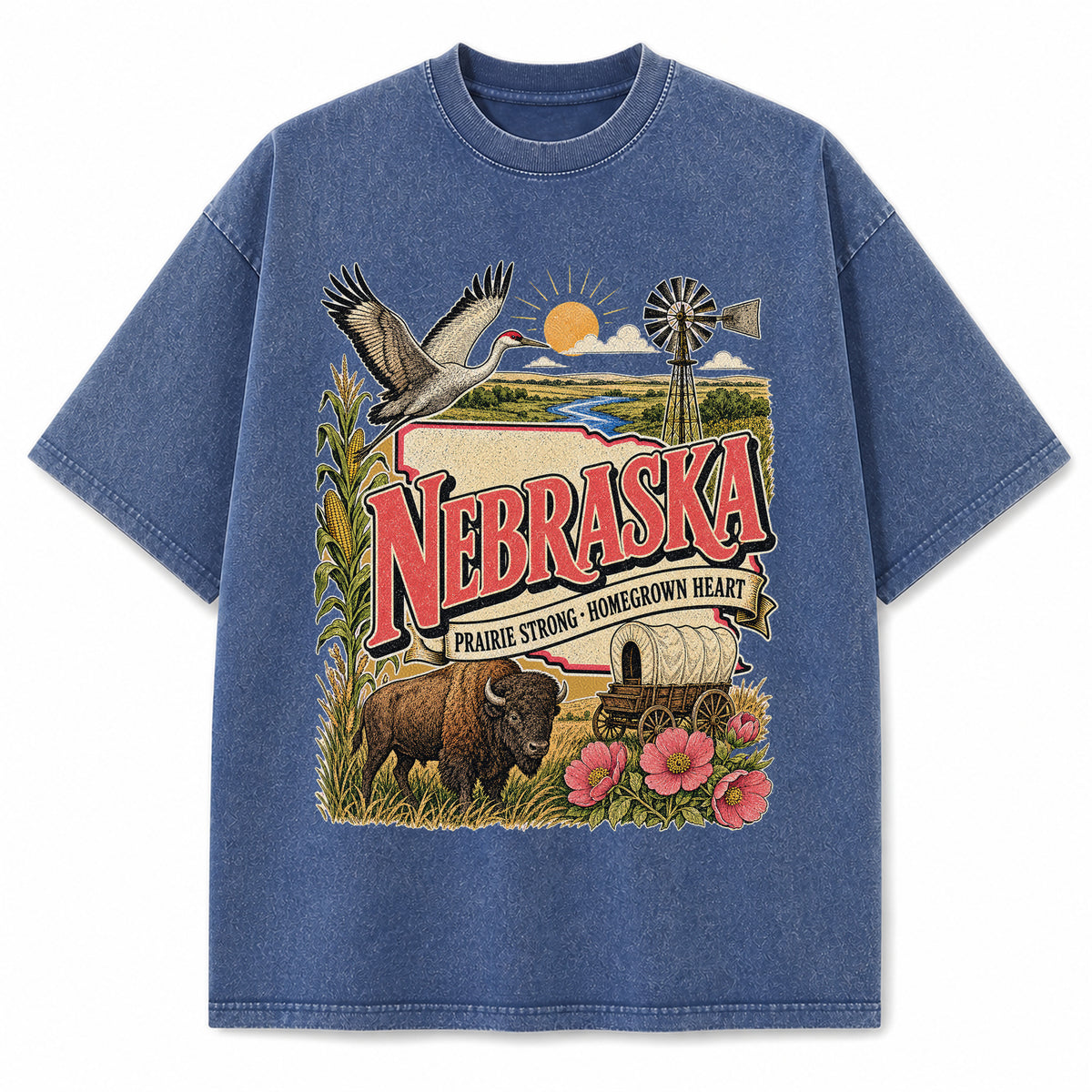 Colorful Nebraska State Collage Washed Vintage T-Shirt in Blue, front view on a white background
