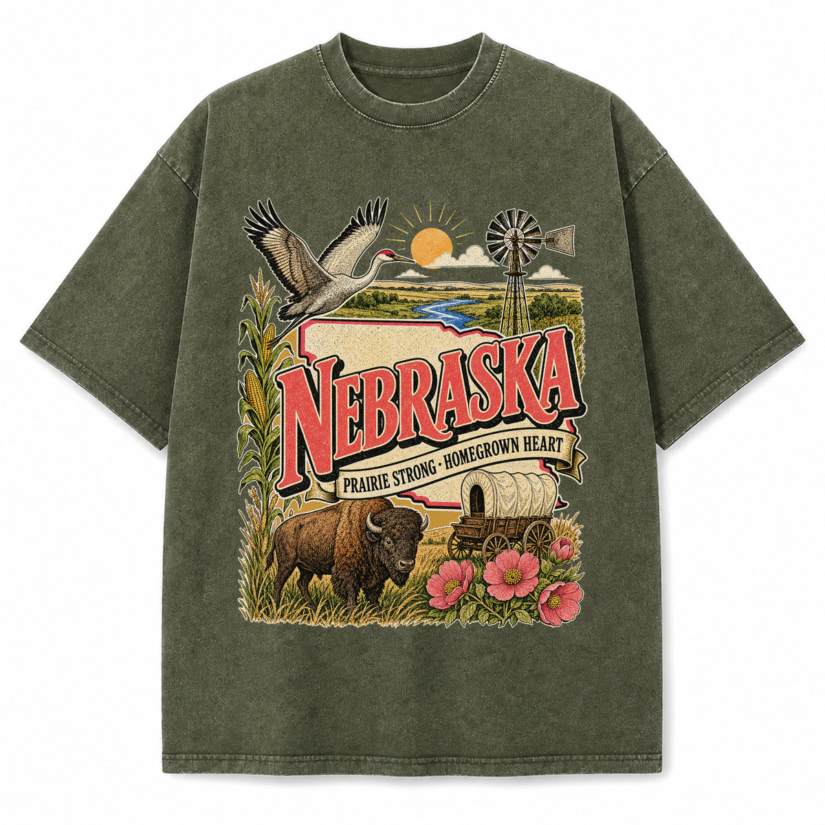 Colorful Nebraska State Collage Washed Vintage T-Shirt in Military Green, front view on a white background