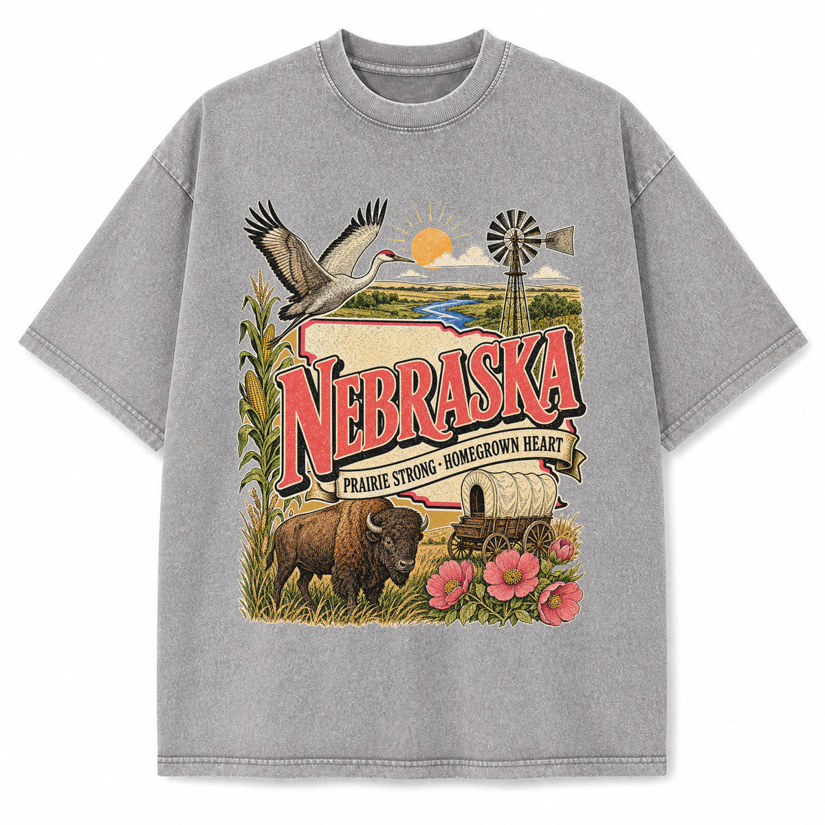 Colorful Nebraska State Collage Washed Vintage T-Shirt in Light Gray, front view on a white background