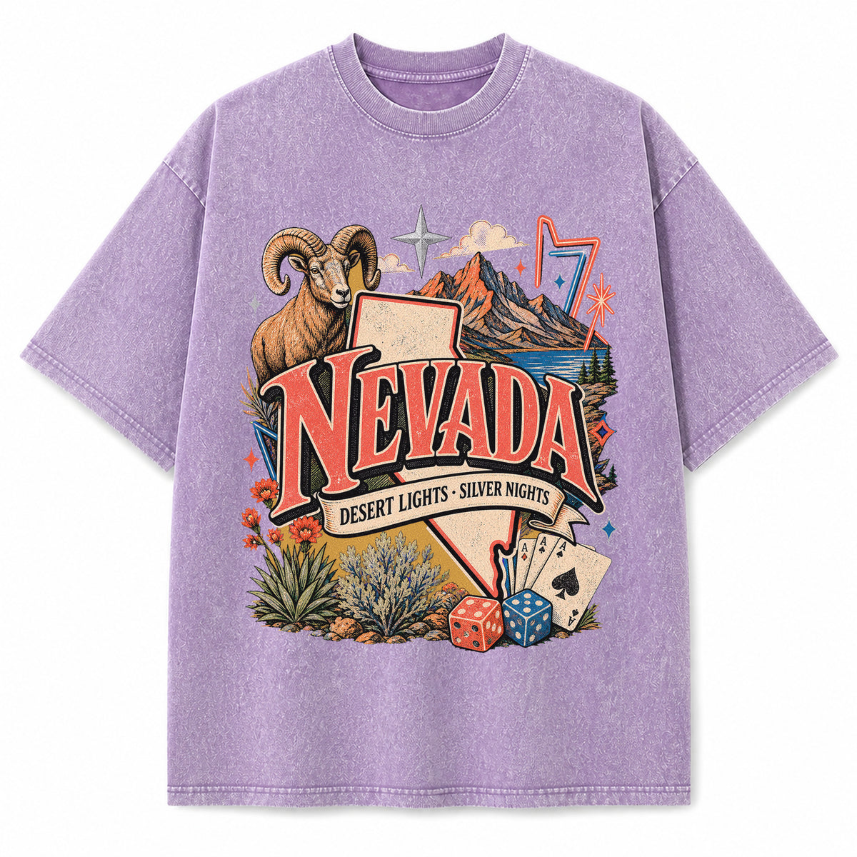 Colorful Nevada State Collage Washed Vintage T-Shirt in Purple, front view on a white background
