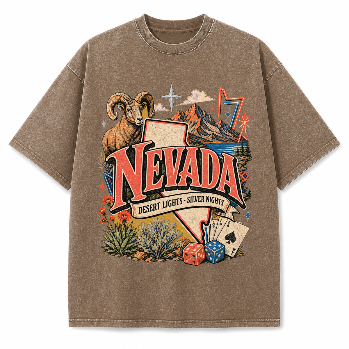 Colorful Nevada State Collage Washed Vintage T-Shirt in Brown, front view on a white background
