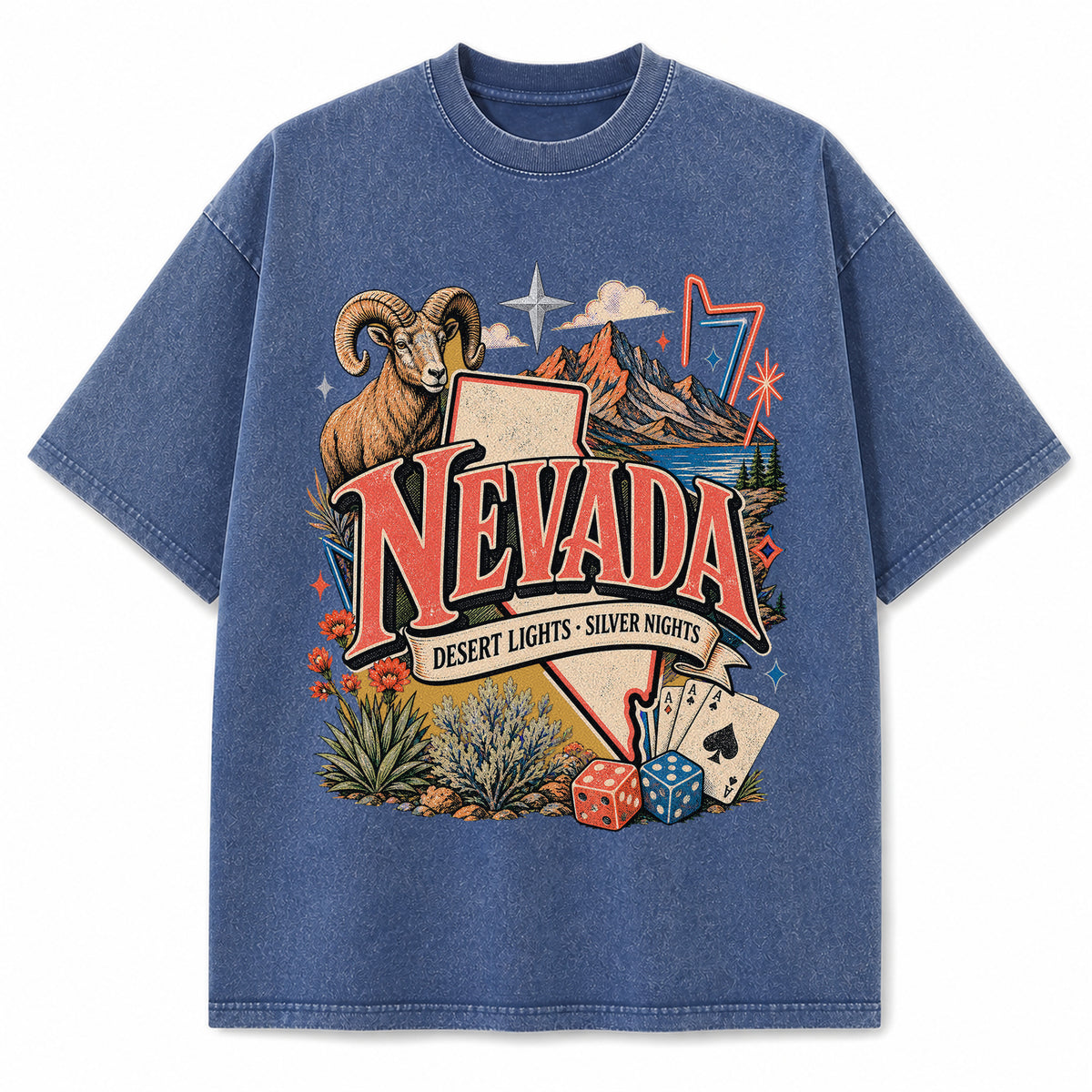 Colorful Nevada State Collage Washed Vintage T-Shirt in Blue, front view on a white background