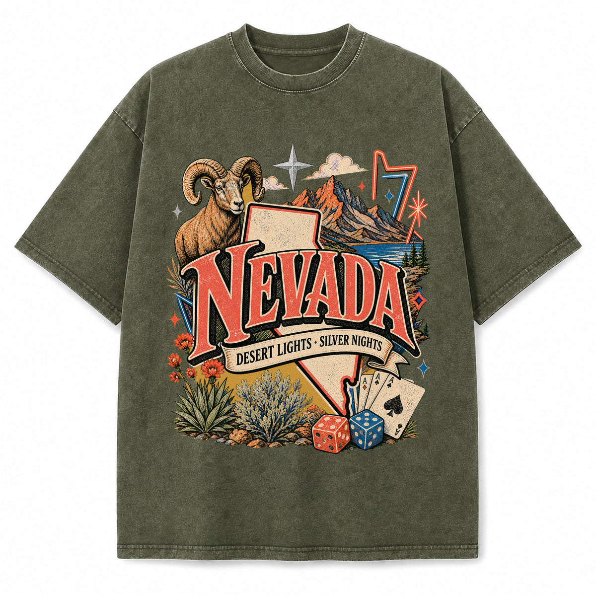 Colorful Nevada State Collage Washed Vintage T-Shirt in Military Green, front view on a white background