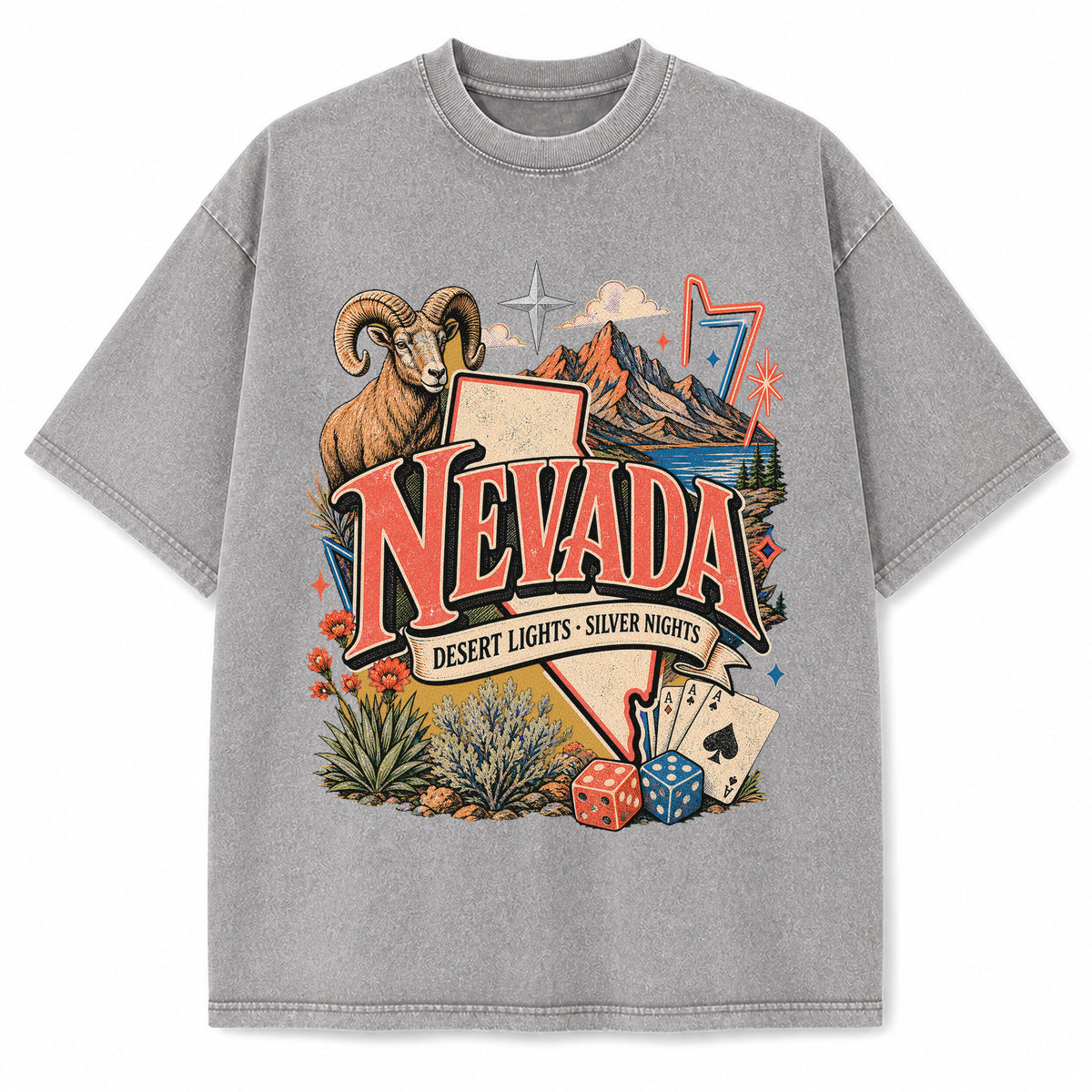 Colorful Nevada State Collage Washed Vintage T-Shirt in Light Gray, front view on a white background