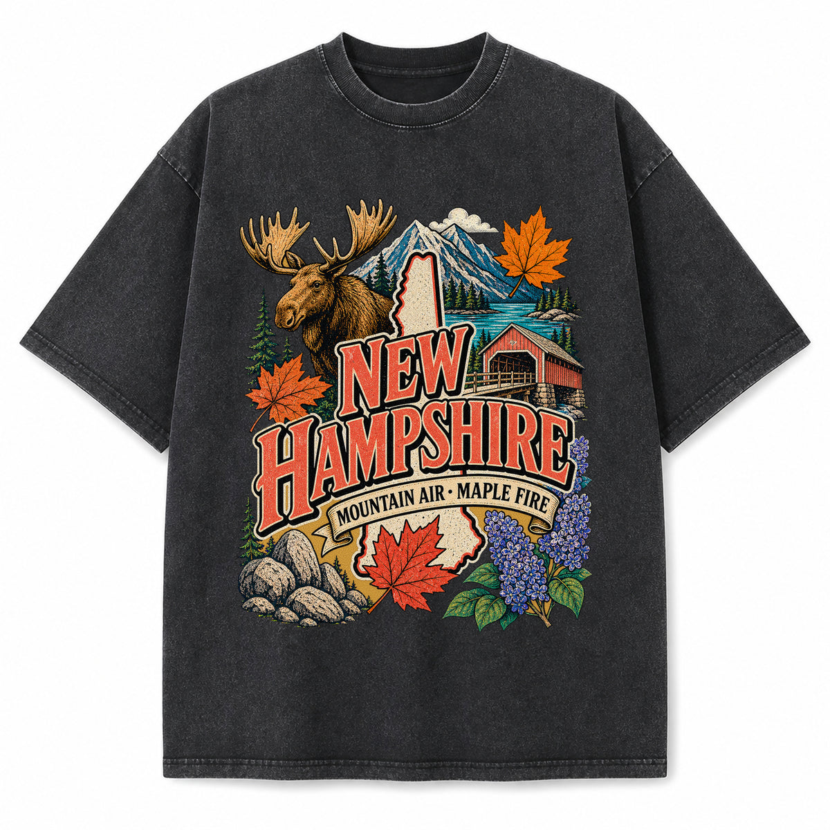Colorful New Hampshire State Collage Washed Vintage T-Shirt in Black, front view on a white background