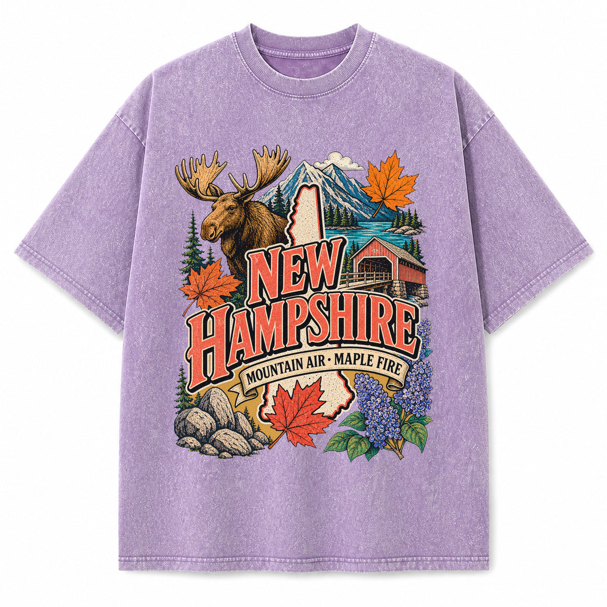 Colorful New Hampshire State Collage Washed Vintage T-Shirt in Purple, front view on a white background