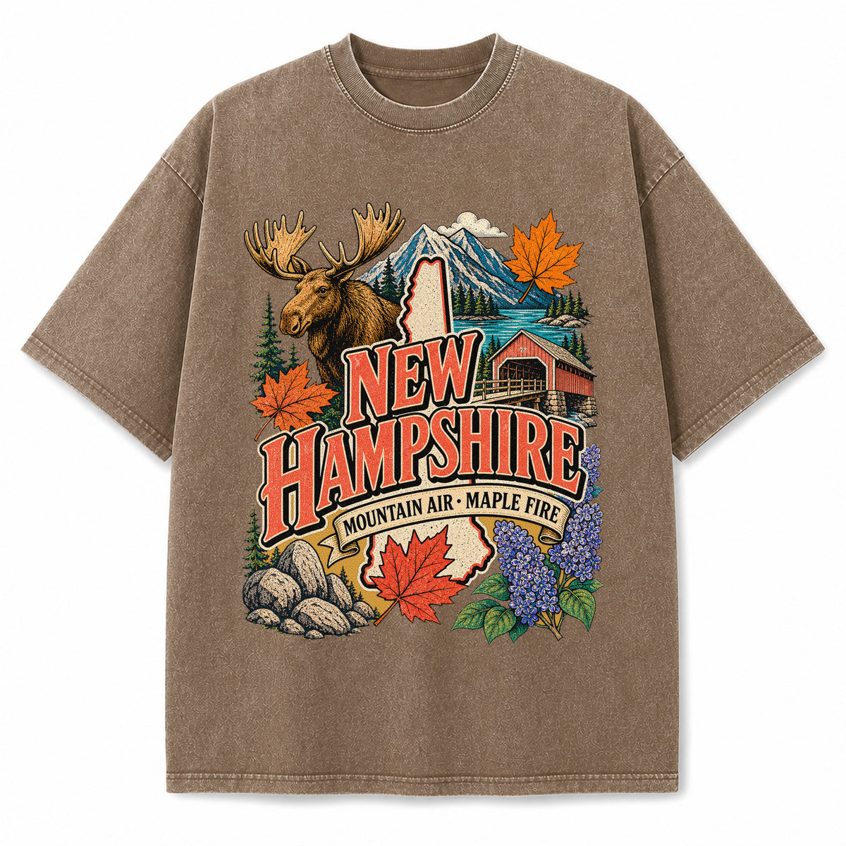 Colorful New Hampshire State Collage Washed Vintage T-Shirt in Brown, front view on a white background