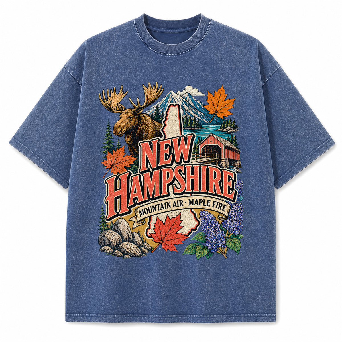 Colorful New Hampshire State Collage Washed Vintage T-Shirt in Blue, front view on a white background