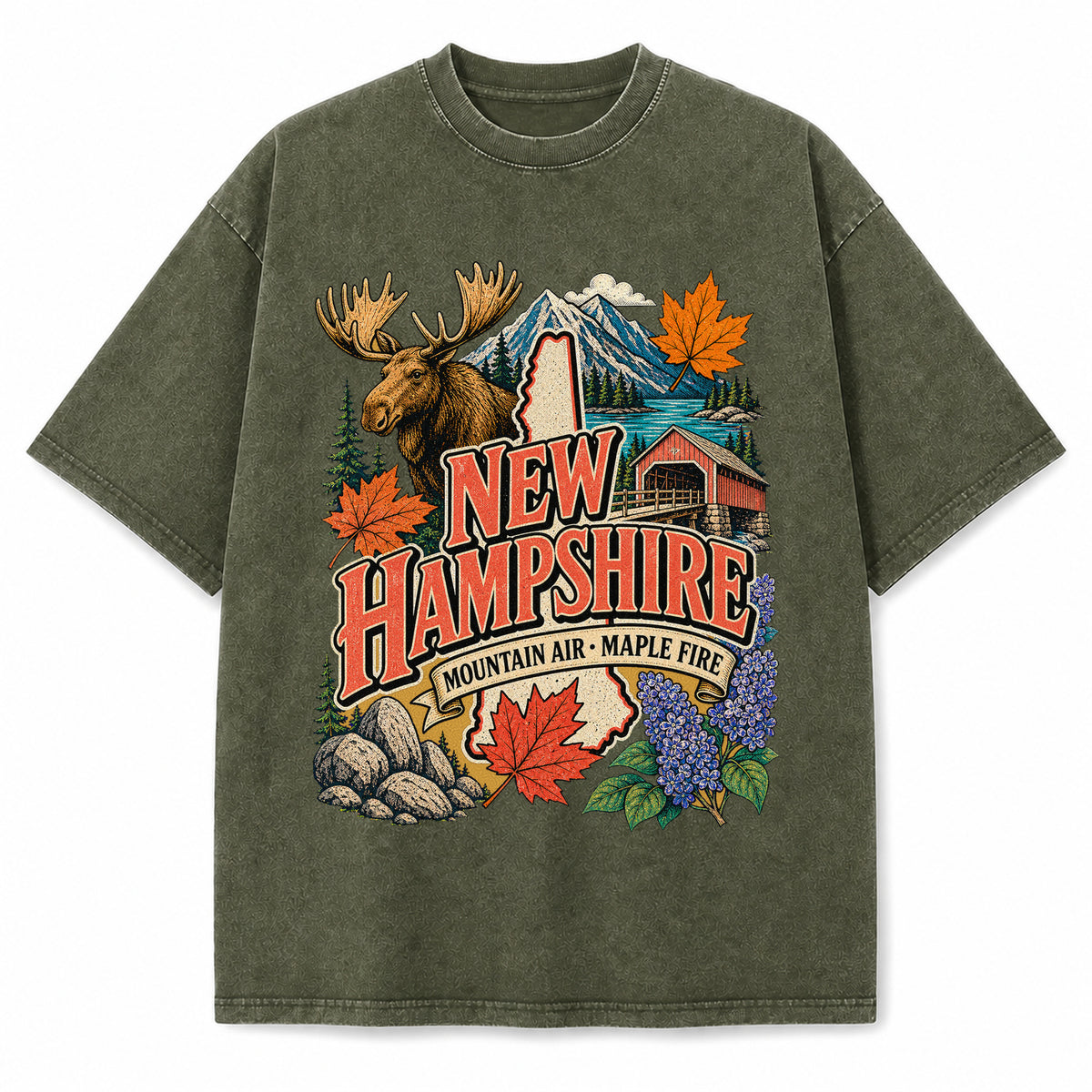 Colorful New Hampshire State Collage Washed Vintage T-Shirt in Military Green, front view on a white background