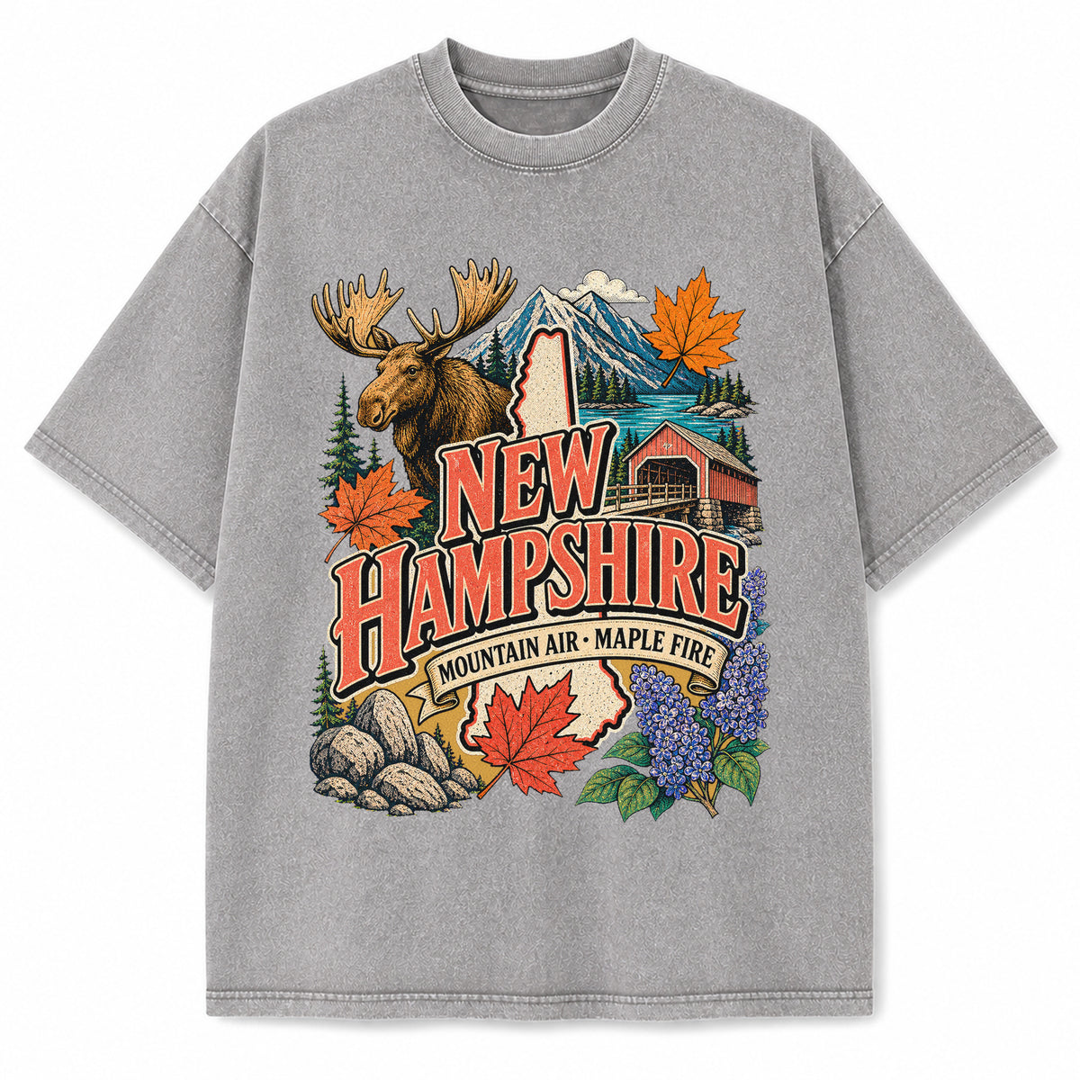 Colorful New Hampshire State Collage Washed Vintage T-Shirt in Light Gray, front view on a white background