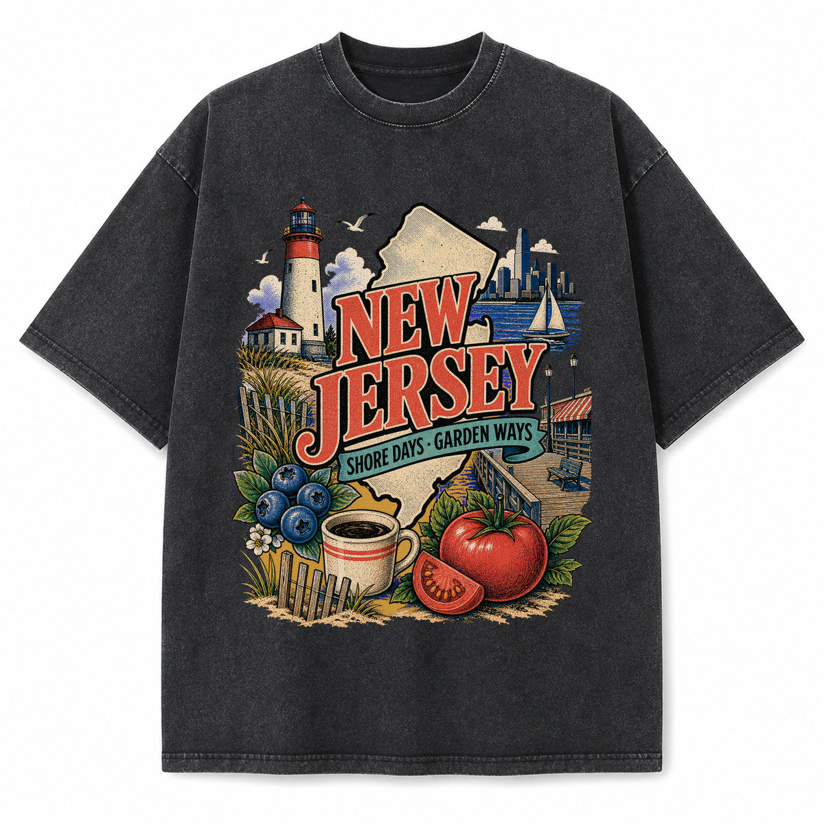 Colorful New Jersey State Collage Washed Vintage T-Shirt in Black, front view on a white background