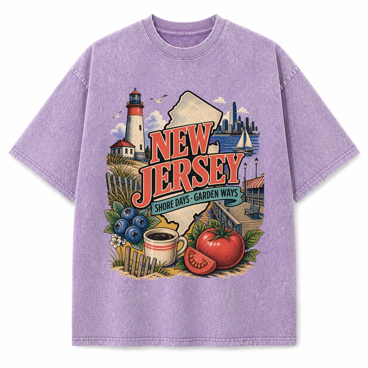 Colorful New Jersey State Collage Washed Vintage T-Shirt in Purple, front view on a white background