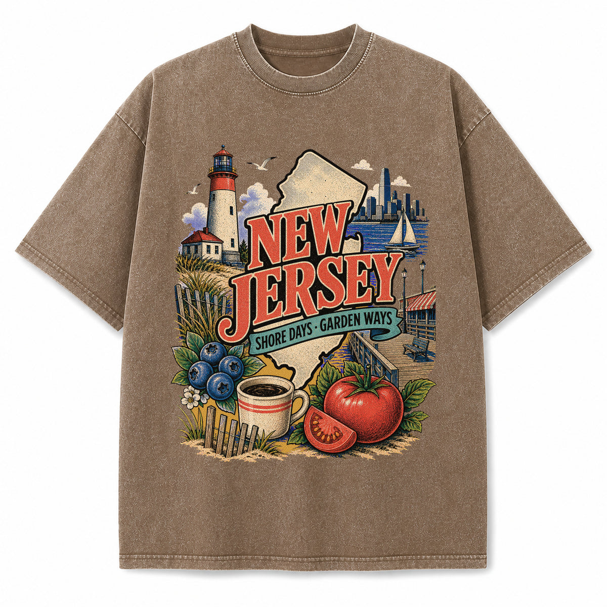 Colorful New Jersey State Collage Washed Vintage T-Shirt in Brown, front view on a white background