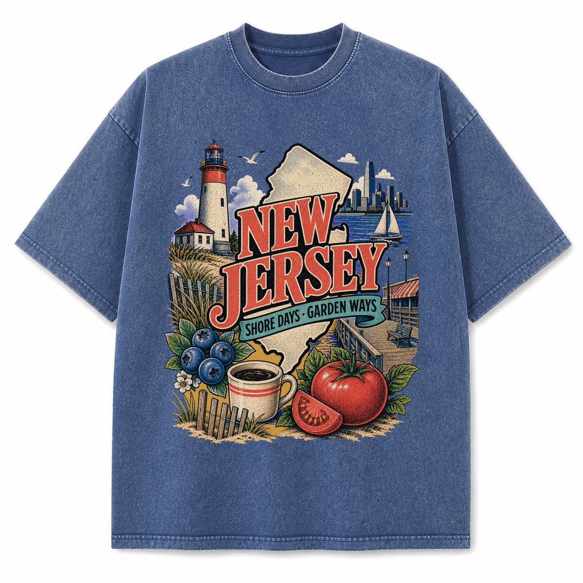 Colorful New Jersey State Collage Washed Vintage T-Shirt in Blue, front view on a white background