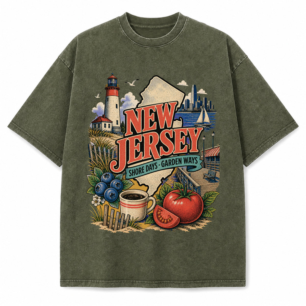 Colorful New Jersey State Collage Washed Vintage T-Shirt in Military Green, front view on a white background