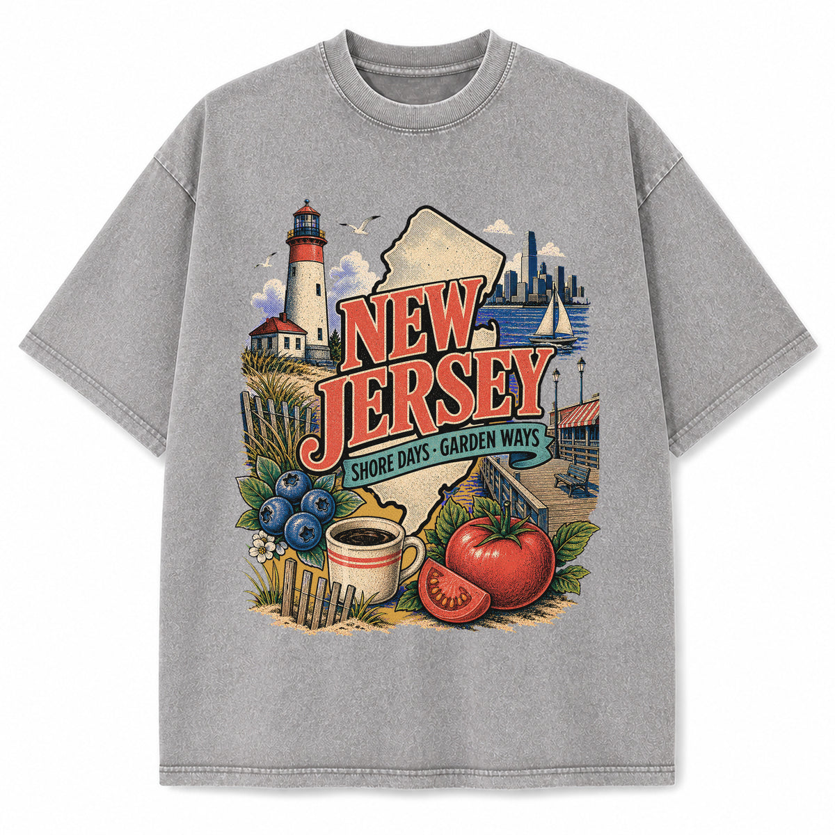 Colorful New Jersey State Collage Washed Vintage T-Shirt in Light Gray, front view on a white background