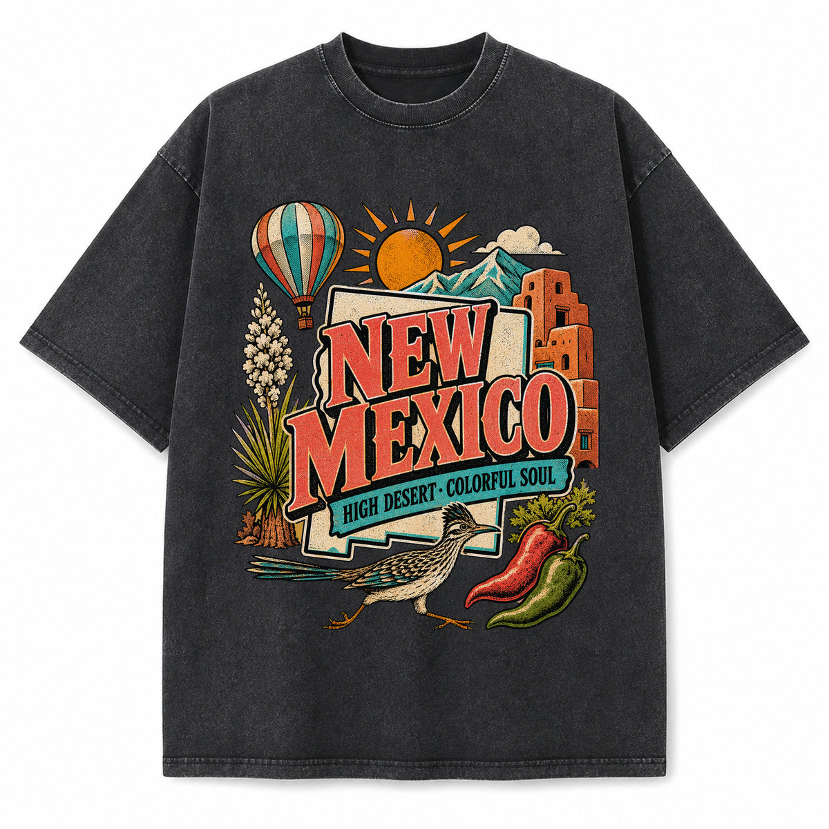 Colorful New Mexico State Collage Washed Vintage T-Shirt in Black, front view on a white background