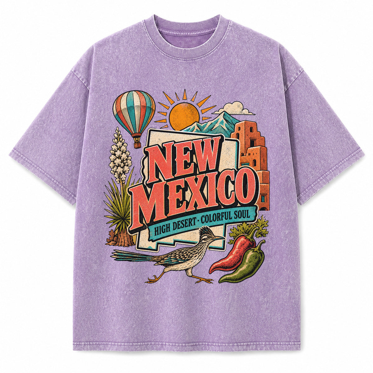 Colorful New Mexico State Collage Washed Vintage T-Shirt in Purple, front view on a white background