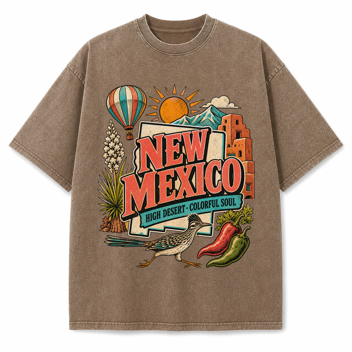 Colorful New Mexico State Collage Washed Vintage T-Shirt in Brown, front view on a white background