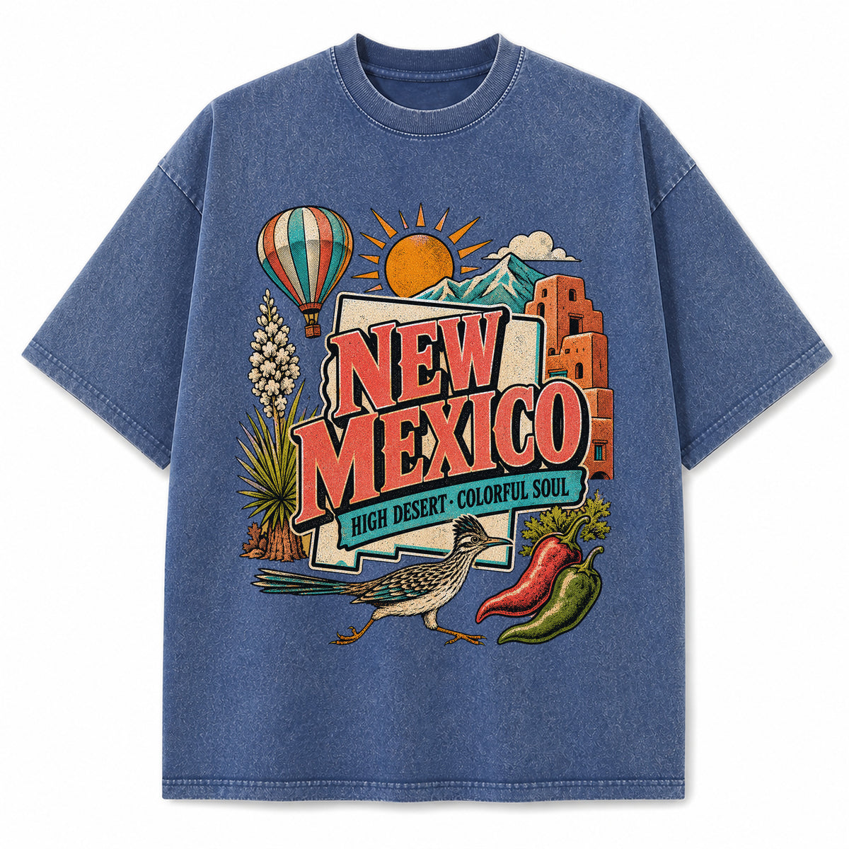 Colorful New Mexico State Collage Washed Vintage T-Shirt in Blue, front view on a white background