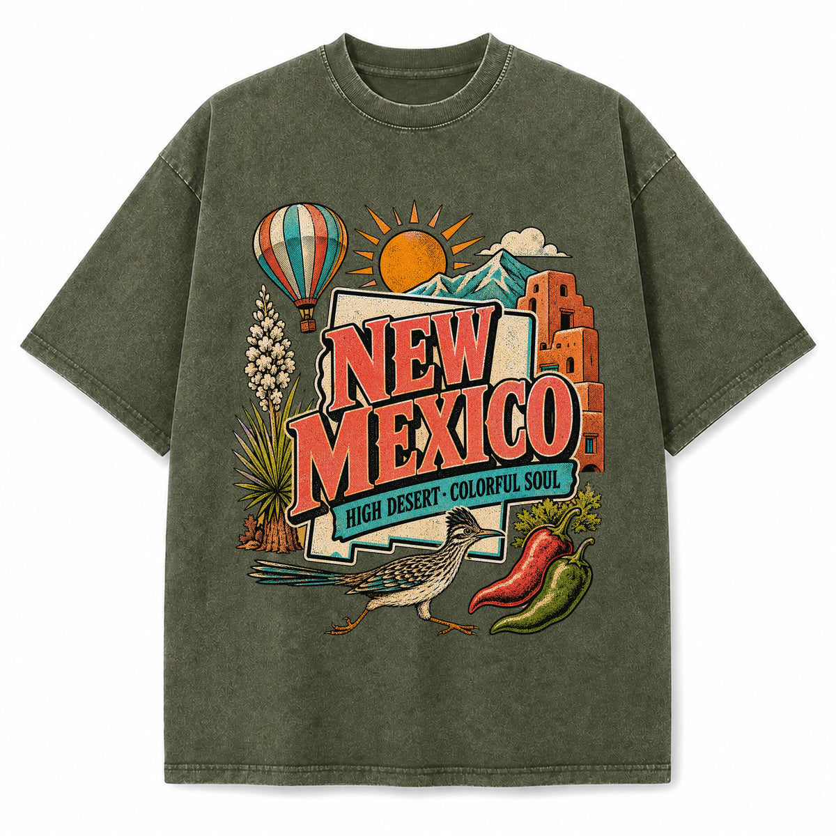 Colorful New Mexico State Collage Washed Vintage T-Shirt in Military Green, front view on a white background