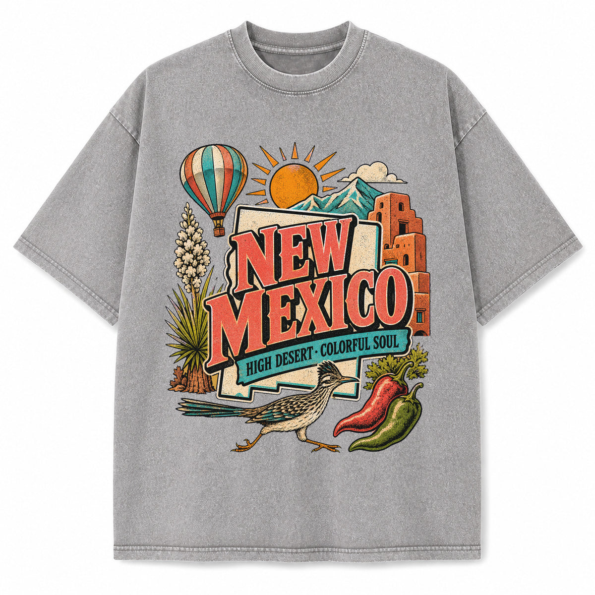 Colorful New Mexico State Collage Washed Vintage T-Shirt in Light Gray, front view on a white background