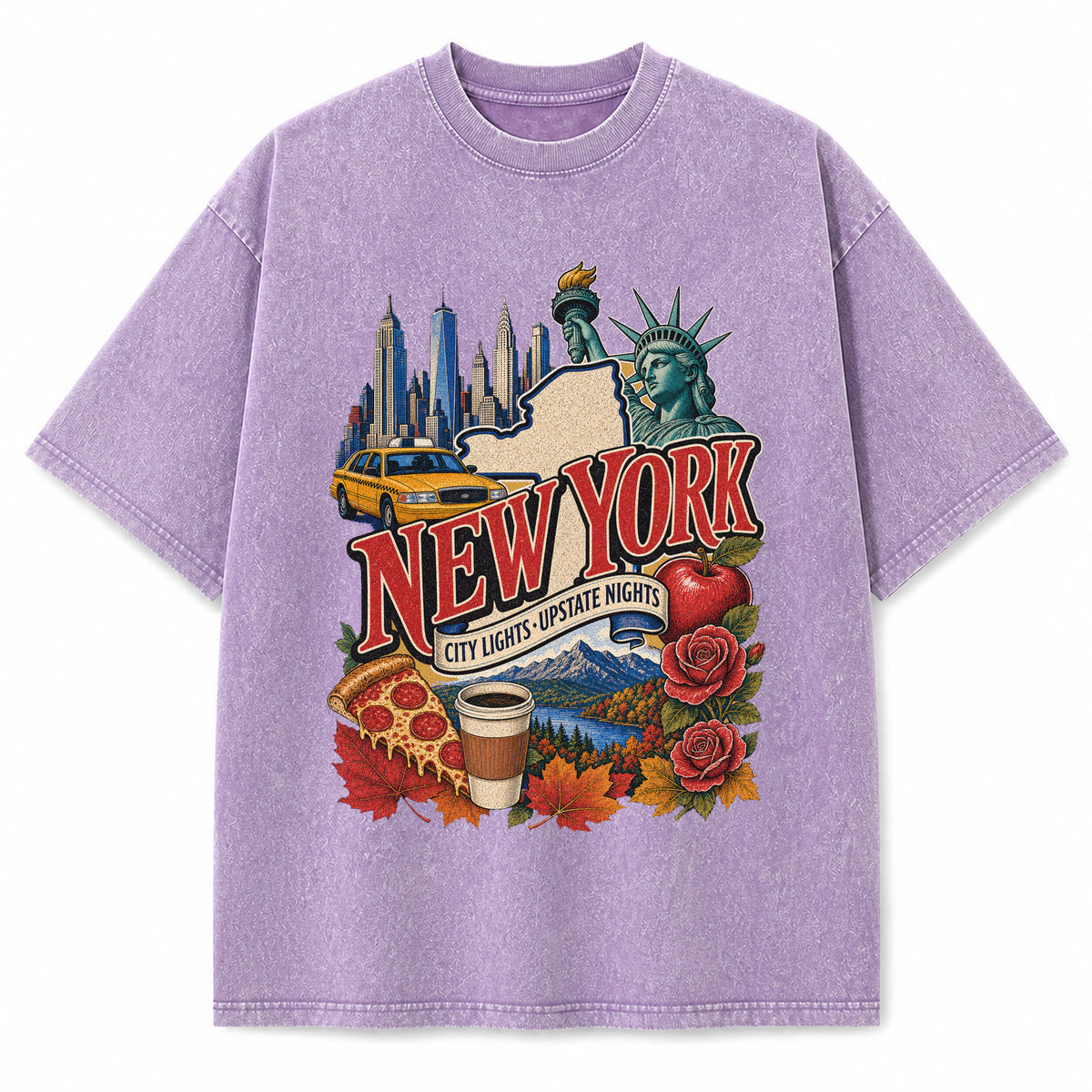 Colorful New York State Collage Washed Vintage T-Shirt in Purple, front view on a white background
