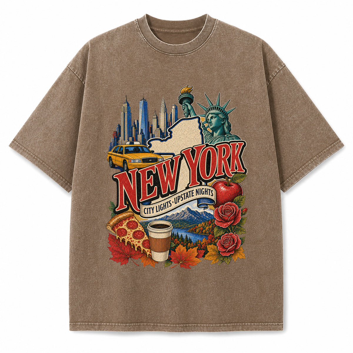 Colorful New York State Collage Washed Vintage T-Shirt in Brown, front view on a white background