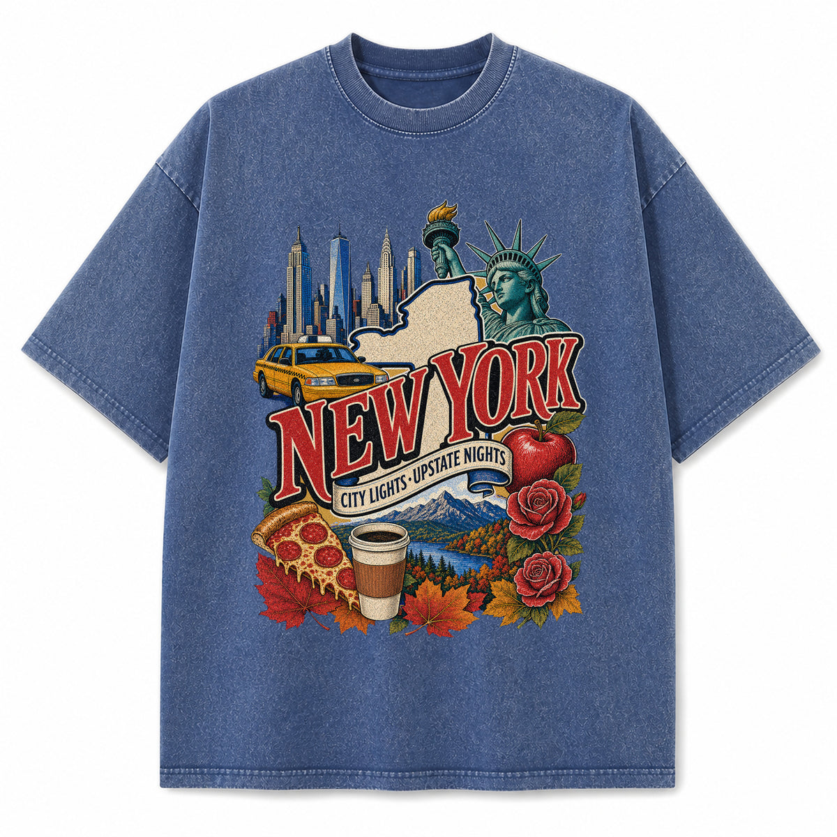 Colorful New York State Collage Washed Vintage T-Shirt in Blue, front view on a white background