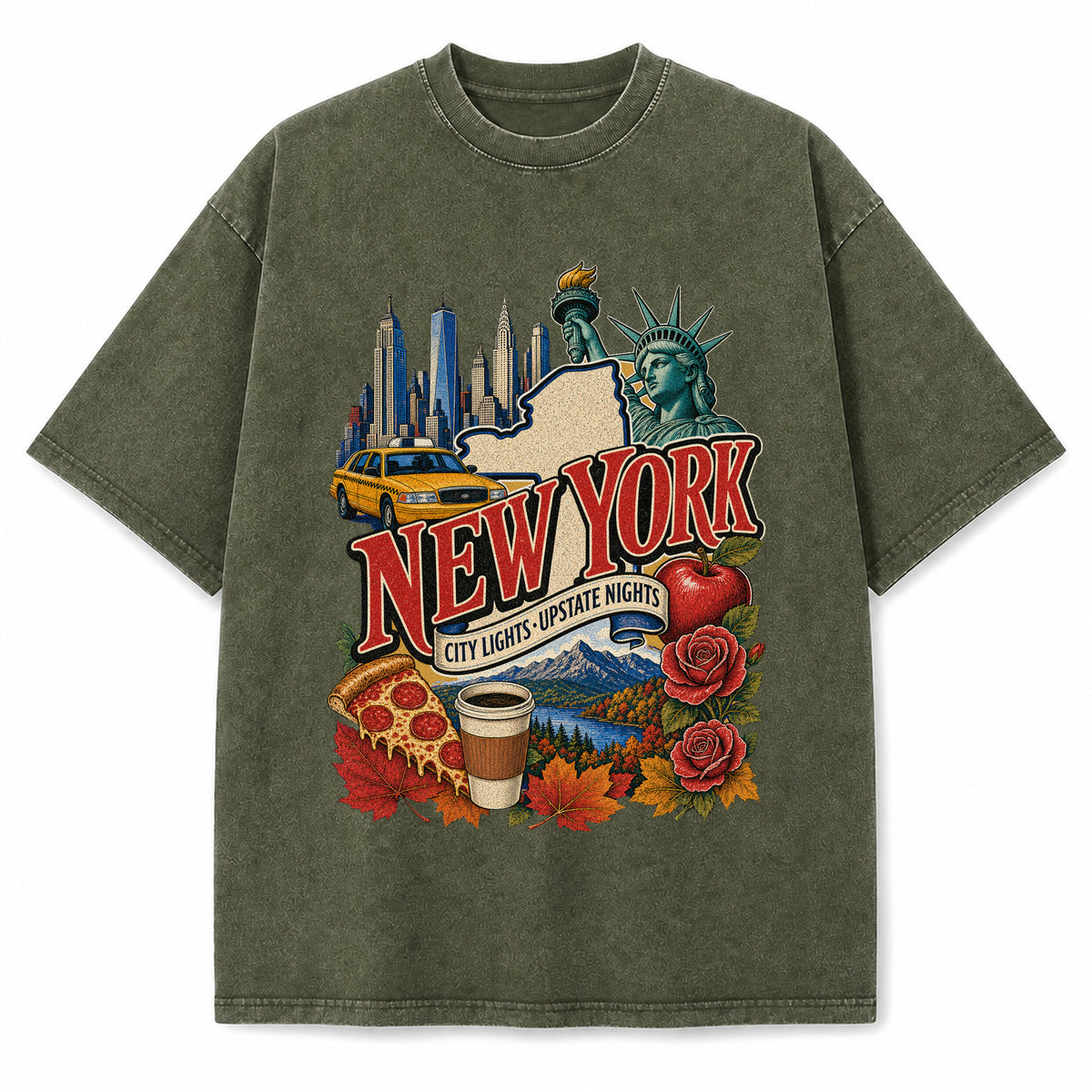 Colorful New York State Collage Washed Vintage T-Shirt in Military Green, front view on a white background