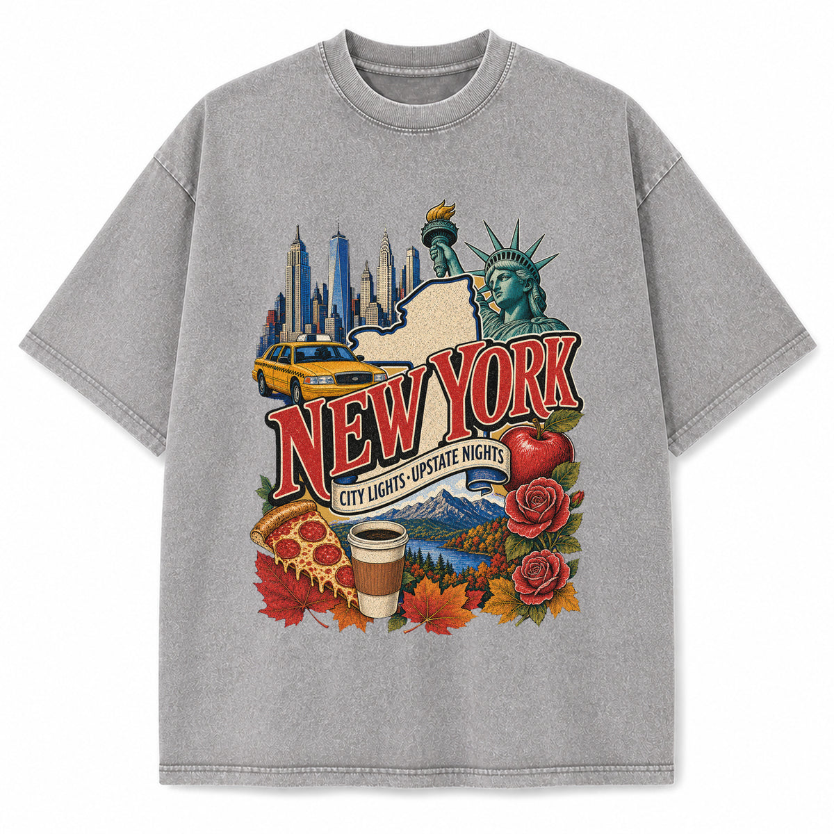 Colorful New York State Collage Washed Vintage T-Shirt in Light Gray, front view on a white background