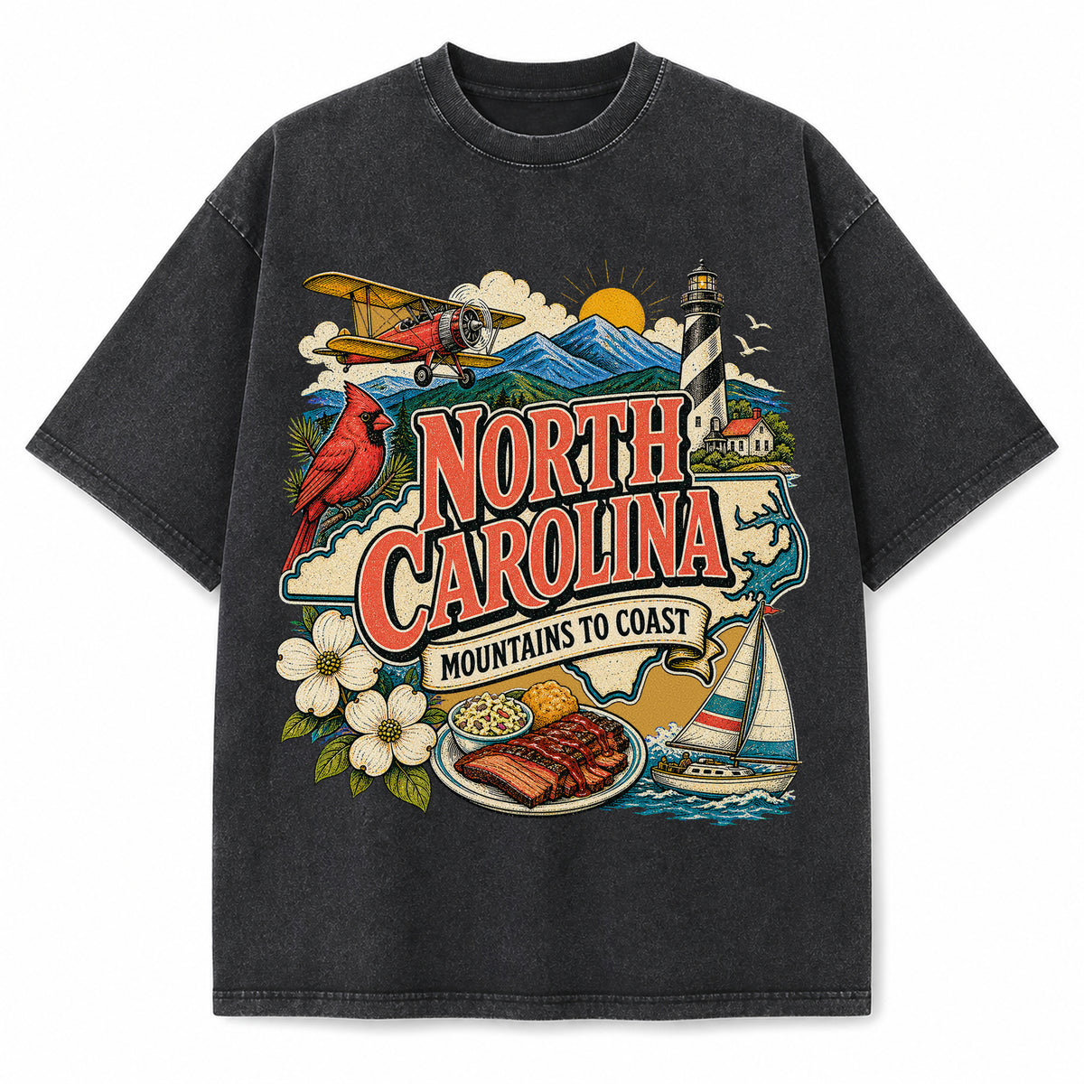 Colorful North Carolina State Collage Washed Vintage T-Shirt in Black, front view on a white background