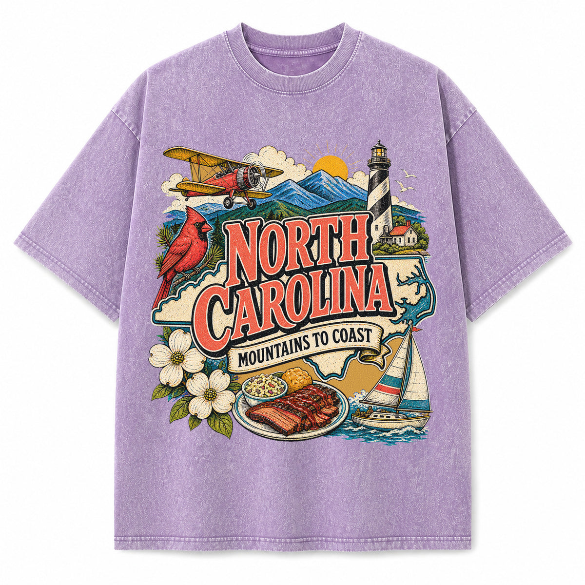 Colorful North Carolina State Collage Washed Vintage T-Shirt in Purple, front view on a white background