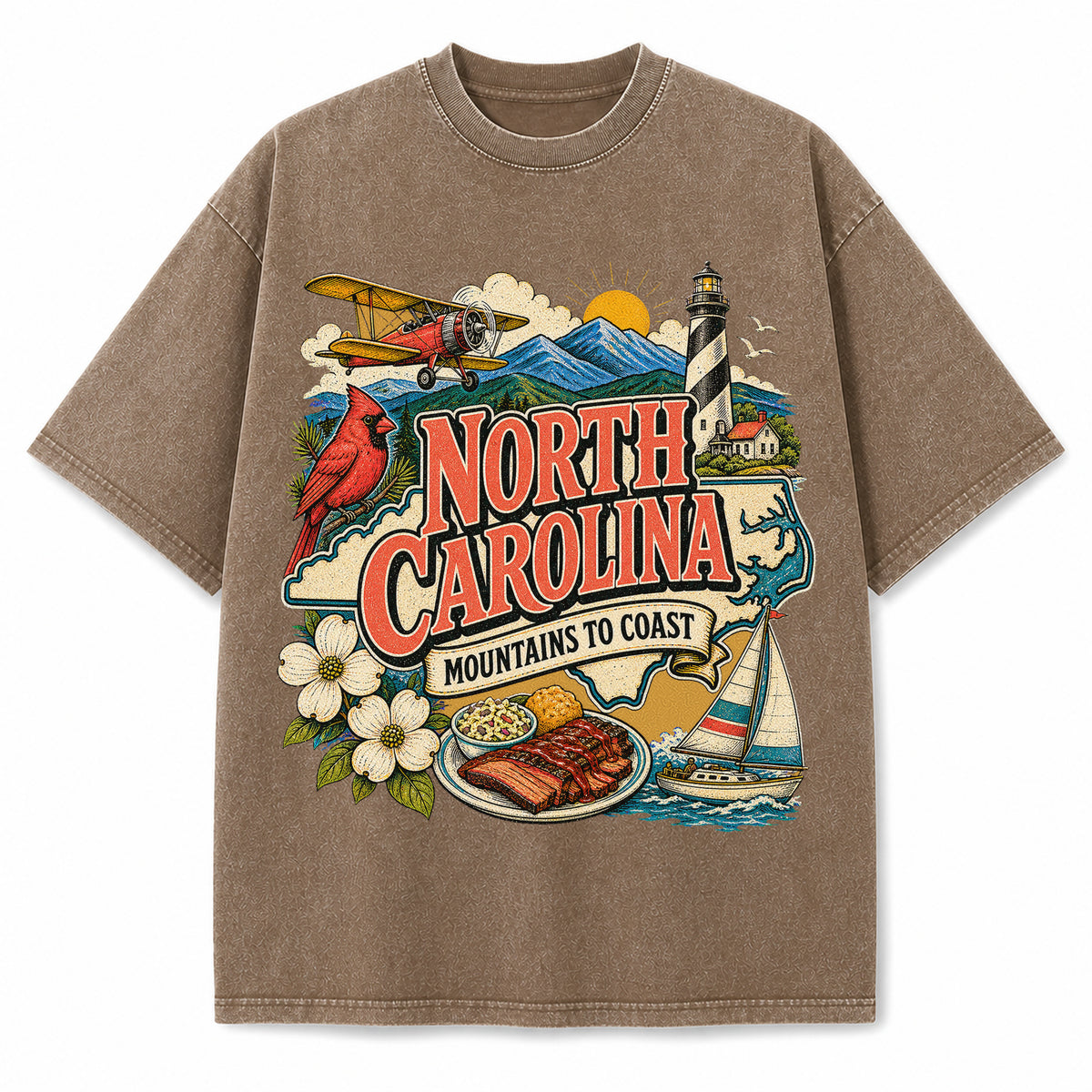 Colorful North Carolina State Collage Washed Vintage T-Shirt in Brown, front view on a white background