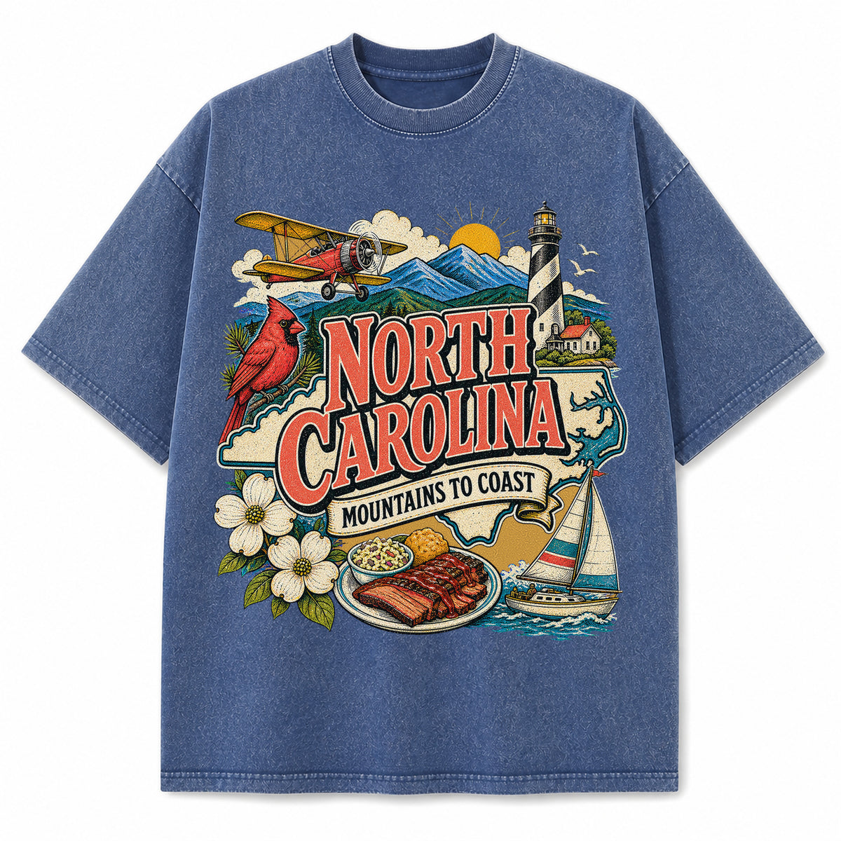 Colorful North Carolina State Collage Washed Vintage T-Shirt in Blue, front view on a white background