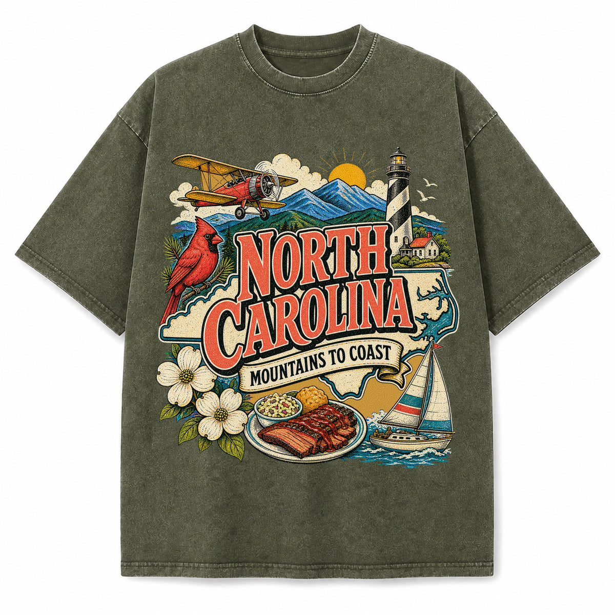 Colorful North Carolina State Collage Washed Vintage T-Shirt in Military Green, front view on a white background