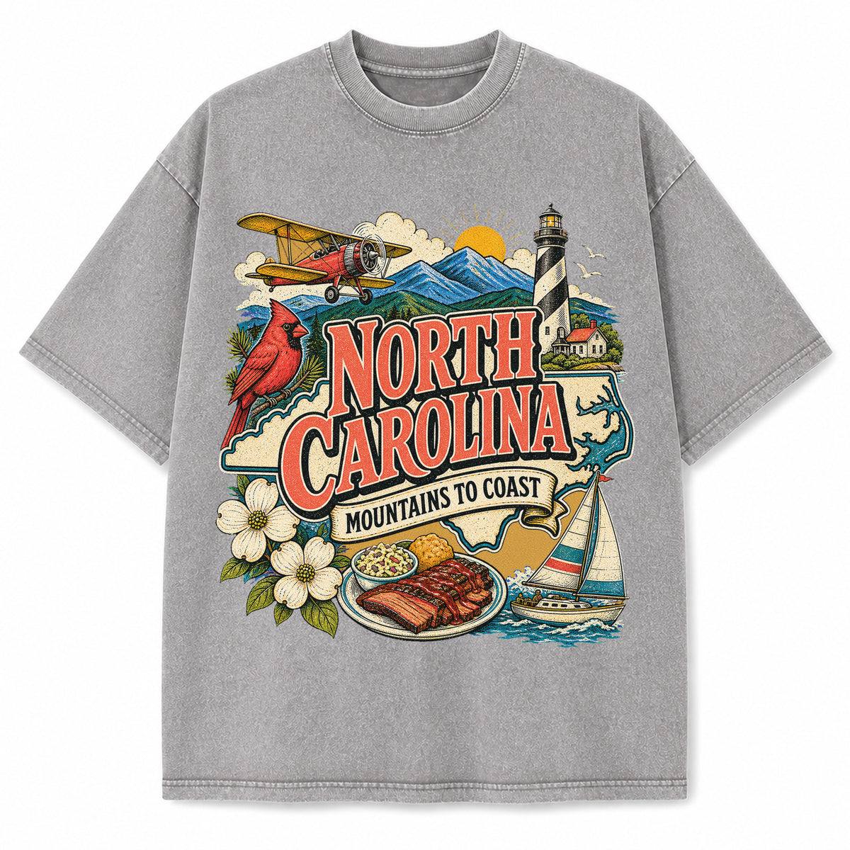 Colorful North Carolina State Collage Washed Vintage T-Shirt in Light Gray, front view on a white background