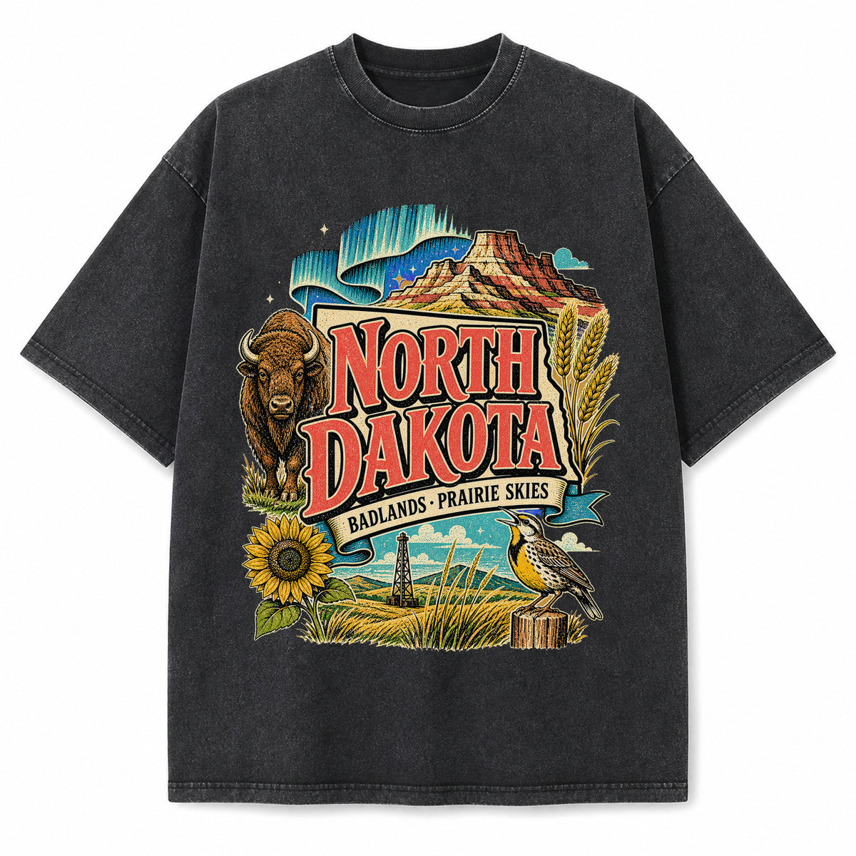Colorful North Dakota State Collage Washed Vintage T-Shirt in Black, front view on a white background