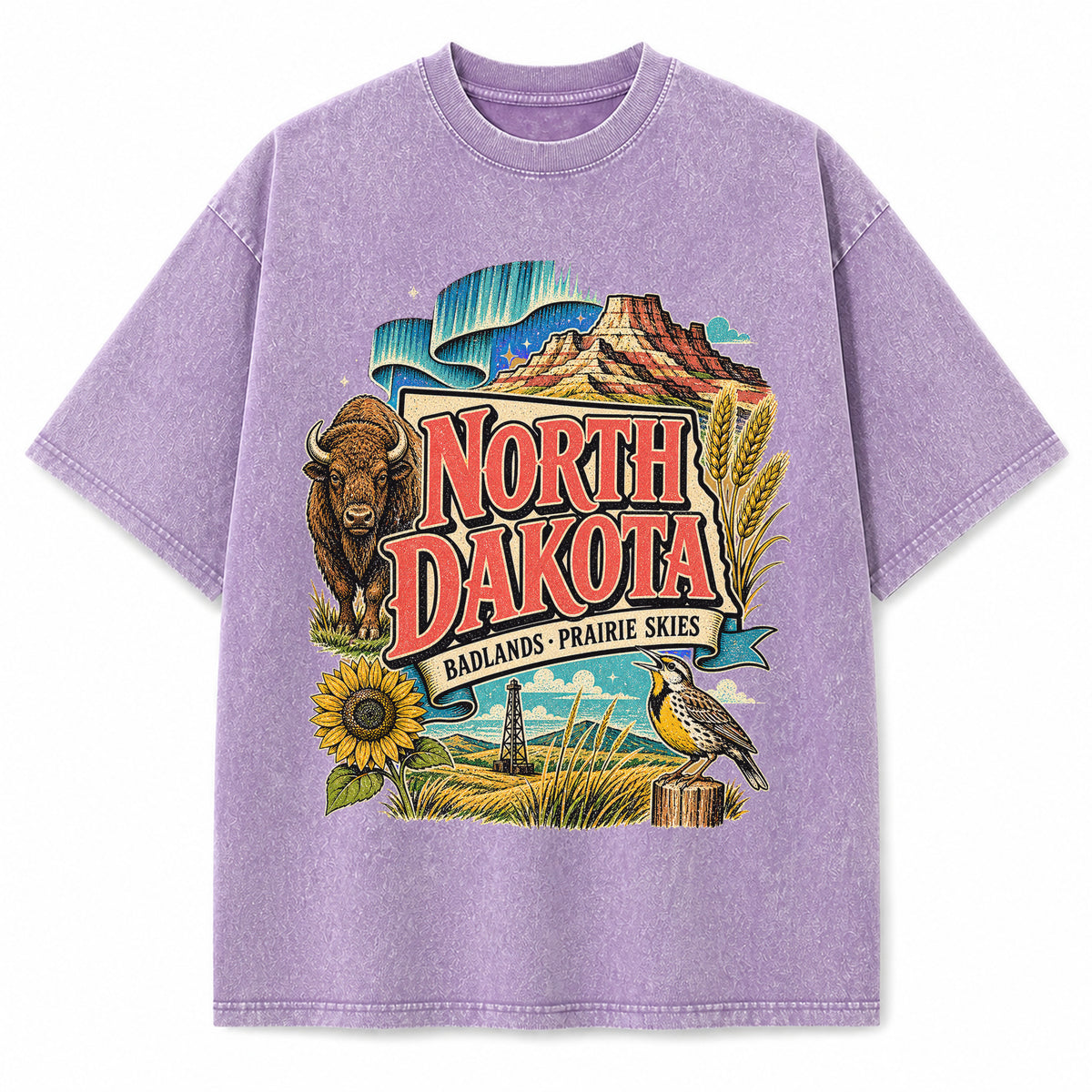 Colorful North Dakota State Collage Washed Vintage T-Shirt in Purple, front view on a white background