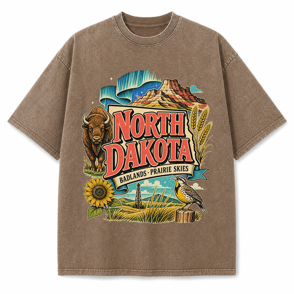 Colorful North Dakota State Collage Washed Vintage T-Shirt in Brown, front view on a white background