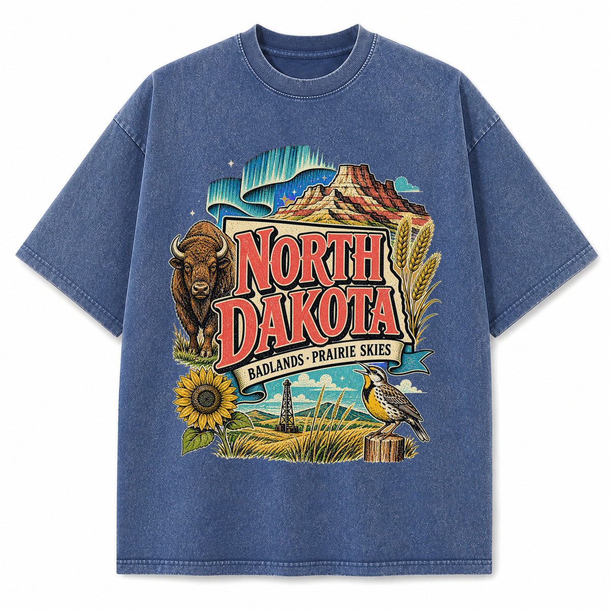 Colorful North Dakota State Collage Washed Vintage T-Shirt in Blue, front view on a white background