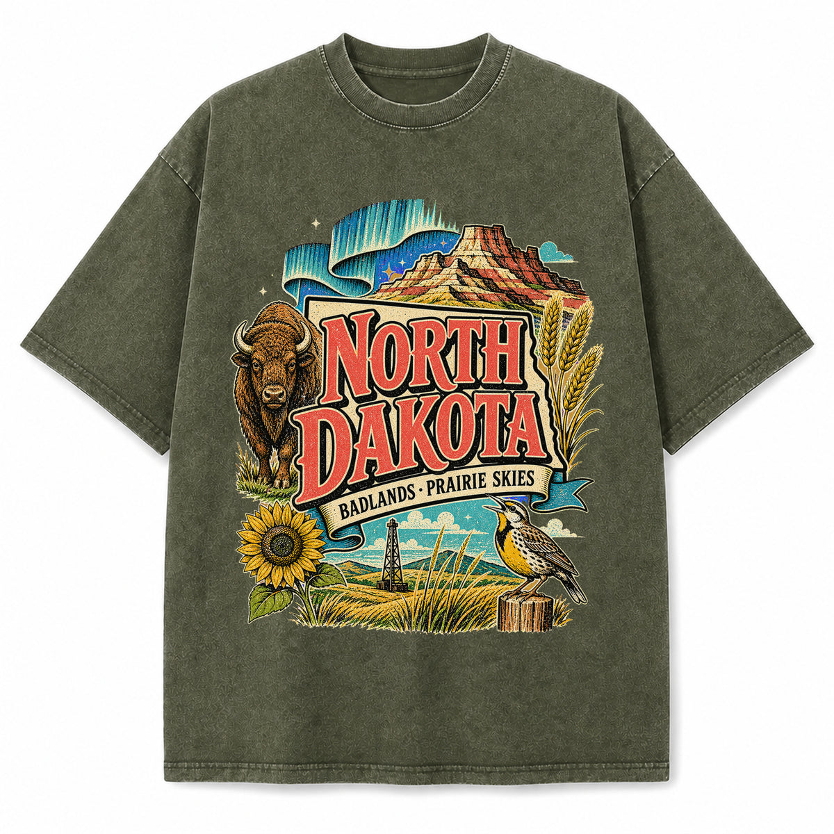 Colorful North Dakota State Collage Washed Vintage T-Shirt in Military Green, front view on a white background