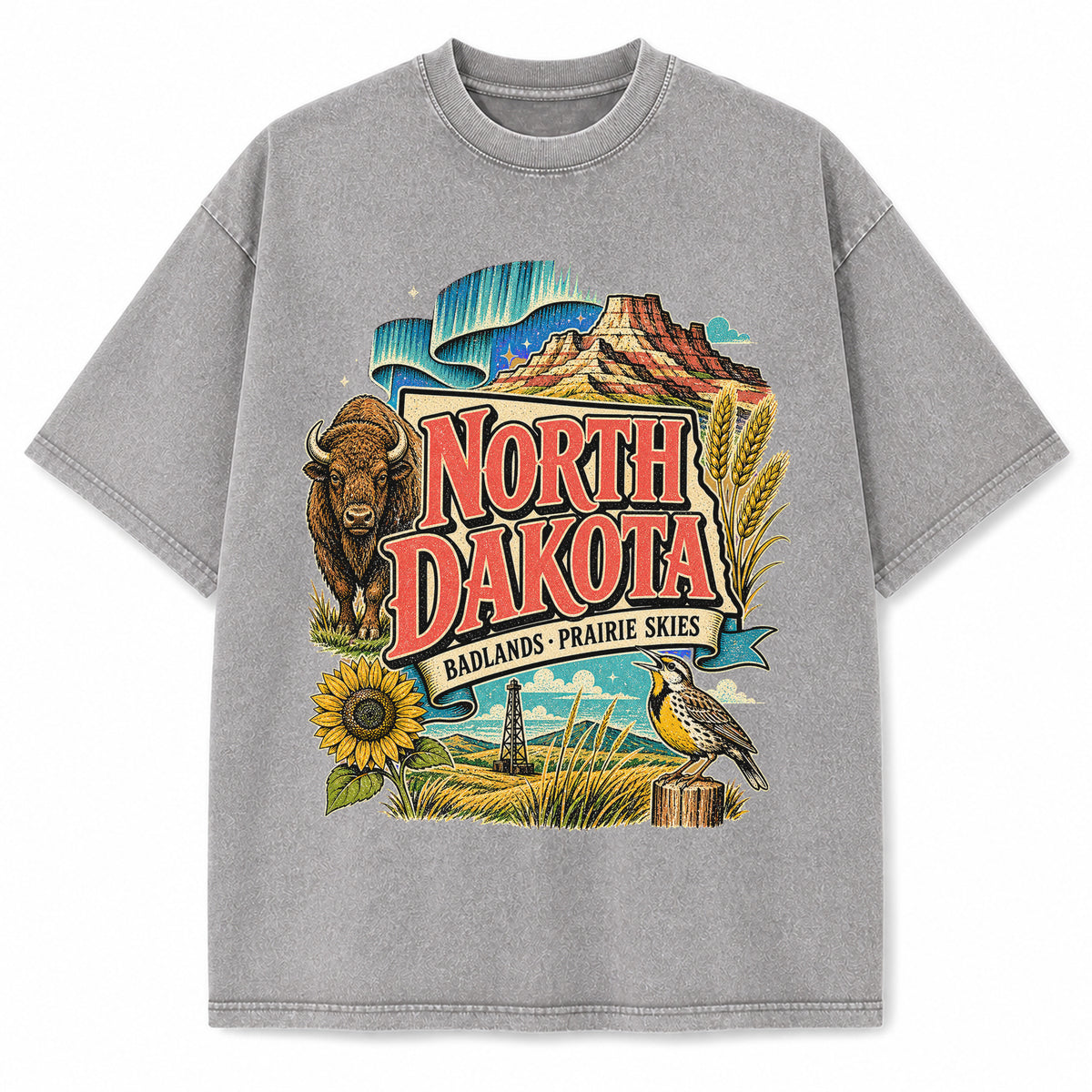 Colorful North Dakota State Collage Washed Vintage T-Shirt in Light Gray, front view on a white background