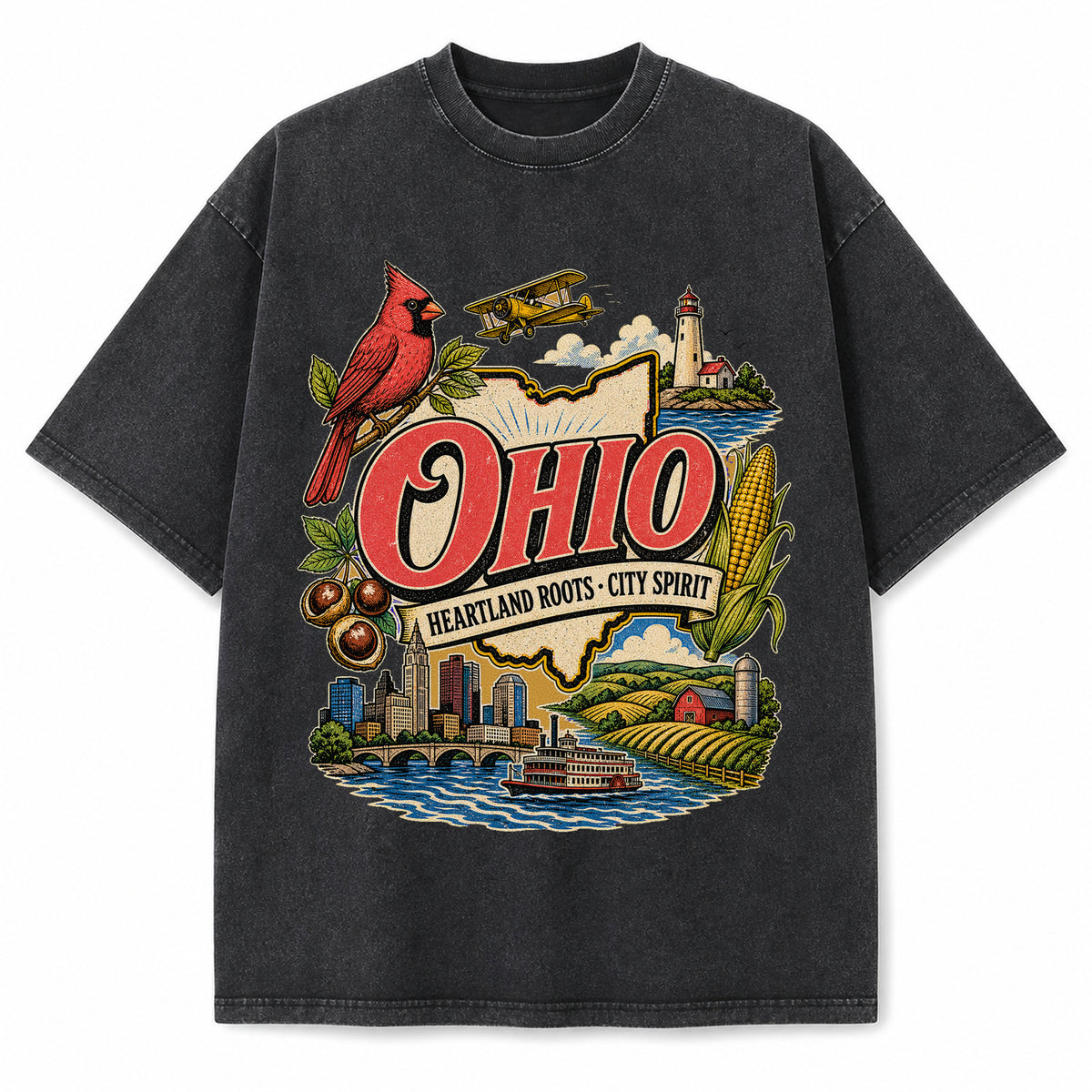 Colorful Ohio State Collage Washed Vintage T-Shirt in Black, front view on a white background