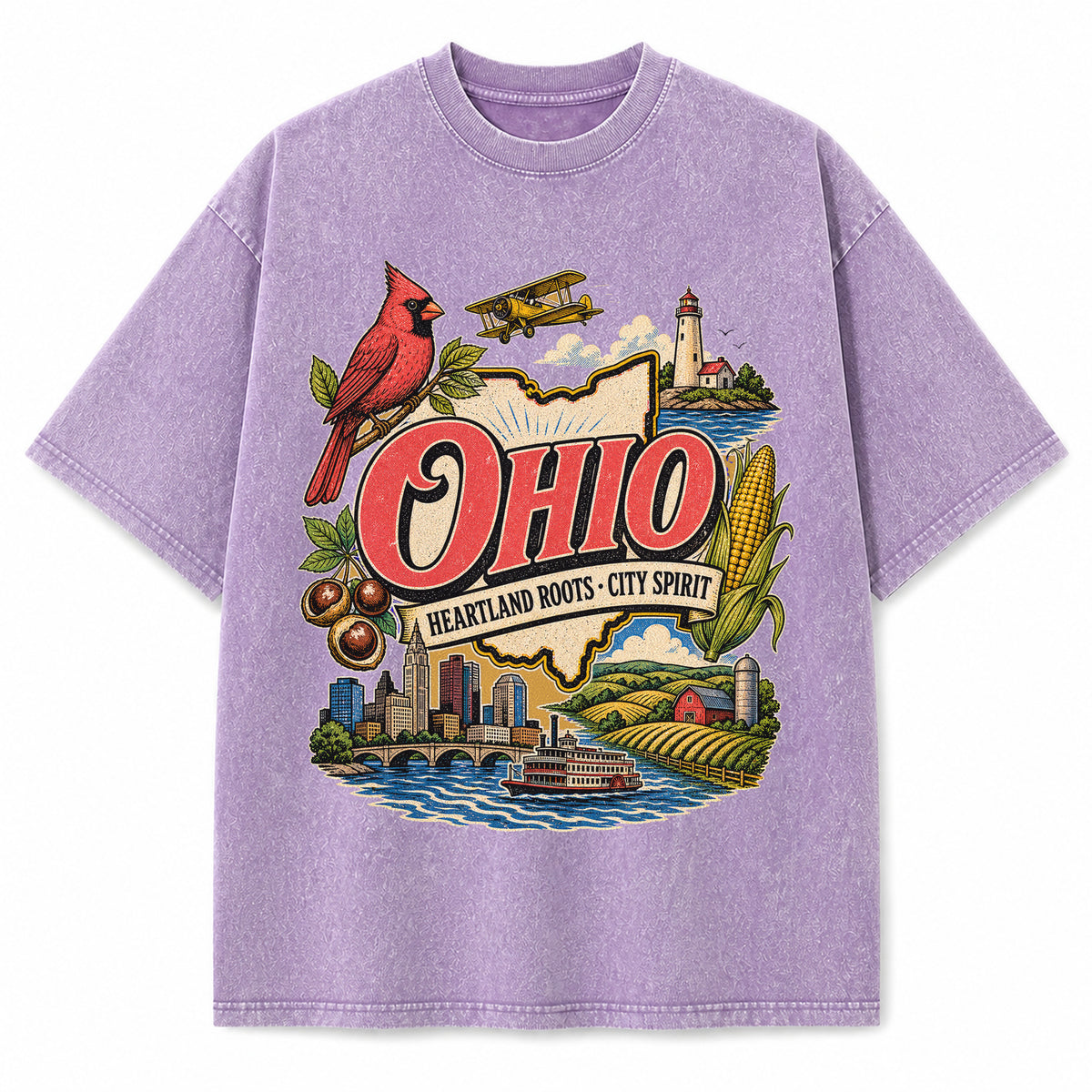 Colorful Ohio State Collage Washed Vintage T-Shirt in Purple, front view on a white background
