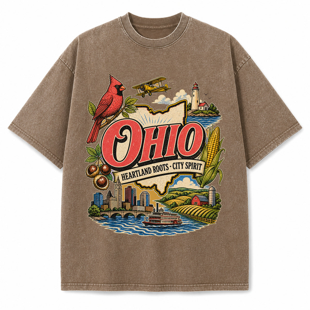 Colorful Ohio State Collage Washed Vintage T-Shirt in Brown, front view on a white background